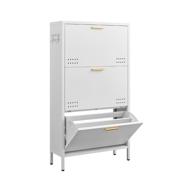 English Elm Classic Steel Tilt Out Shoe Cabinet Slim Entryway Organizer with Side Hooks and Ventilated Doors White T3625P553009