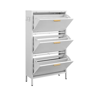 English Elm Classic Steel Tilt Out Shoe Cabinet Slim Entryway Organizer with Side Hooks and Ventilated Doors White T3625P553009