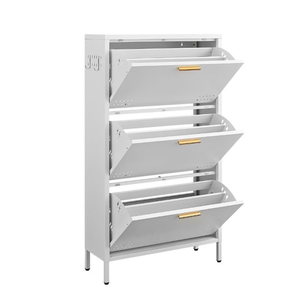 English Elm Classic Steel Tilt Out Shoe Cabinet Slim Entryway Organizer with Side Hooks and Ventilated Doors White T3625P553009