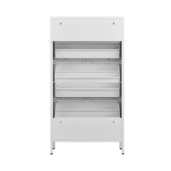 English Elm Classic Steel Tilt Out Shoe Cabinet Slim Entryway Organizer with Side Hooks and Ventilated Doors White T3625P553009