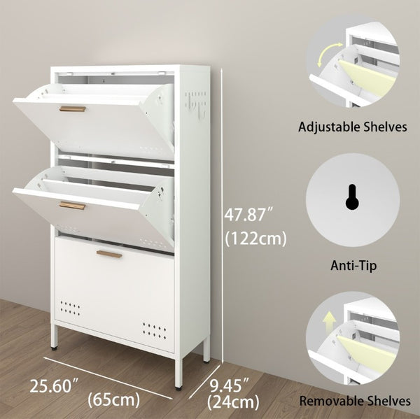 English Elm Classic Steel Tilt Out Shoe Cabinet Slim Entryway Organizer with Side Hooks and Ventilated Doors White T3625P553009