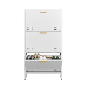English Elm Classic Steel Tilt Out Shoe Cabinet Slim Entryway Organizer with Side Hooks and Ventilated Doors White T3625P553009