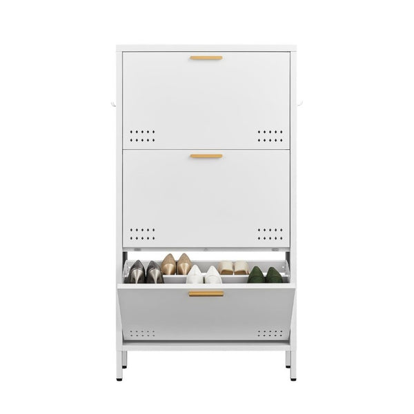 English Elm Classic Steel Tilt Out Shoe Cabinet Slim Entryway Organizer with Side Hooks and Ventilated Doors White T3625P553009