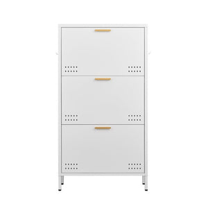 English Elm Classic Steel Tilt Out Shoe Cabinet Slim Entryway Organizer with Side Hooks and Ventilated Doors White T3625P553009