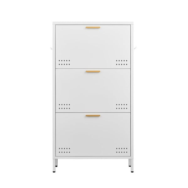 English Elm Classic Steel Tilt Out Shoe Cabinet Slim Entryway Organizer with Side Hooks and Ventilated Doors White T3625P553009