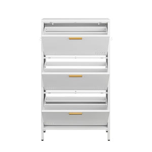 English Elm Classic Steel Tilt Out Shoe Cabinet Slim Entryway Organizer with Side Hooks and Ventilated Doors White T3625P553009