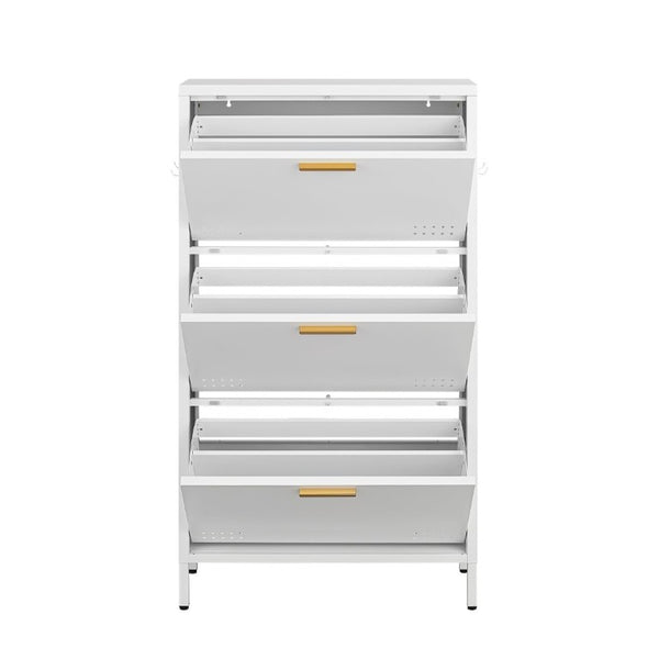English Elm Classic Steel Tilt Out Shoe Cabinet Slim Entryway Organizer with Side Hooks and Ventilated Doors White T3625P553009