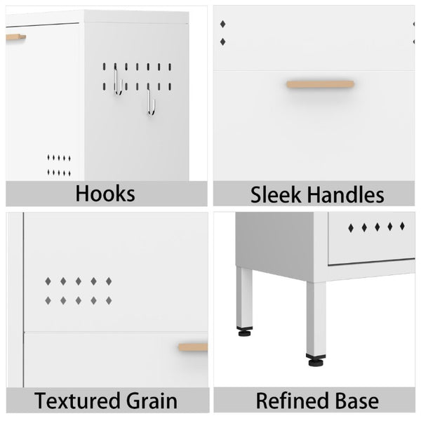 English Elm Classic Steel Tilt Out Shoe Cabinet Slim Entryway Organizer with Side Hooks and Ventilated Doors White T3625P553009