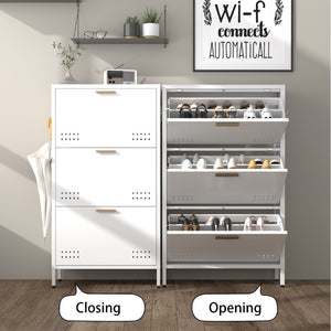 English Elm Classic Steel Tilt Out Shoe Cabinet Slim Entryway Organizer with Side Hooks and Ventilated Doors White T3625P553009