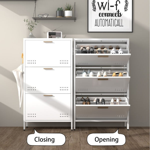 English Elm Classic Steel Tilt Out Shoe Cabinet Slim Entryway Organizer with Side Hooks and Ventilated Doors White T3625P553009