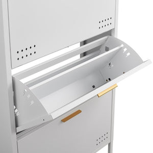 English Elm Classic Steel Tilt Out Shoe Cabinet Slim Entryway Organizer with Side Hooks and Ventilated Doors White T3625P553009