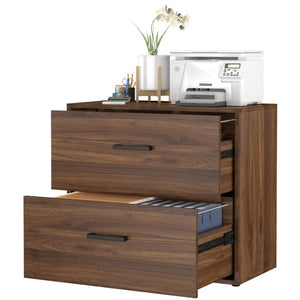 English Elm 28.5 Inch Dark Walnut Lateral File Cabinet with Printer Stand and Hanging Storage T3625P596090