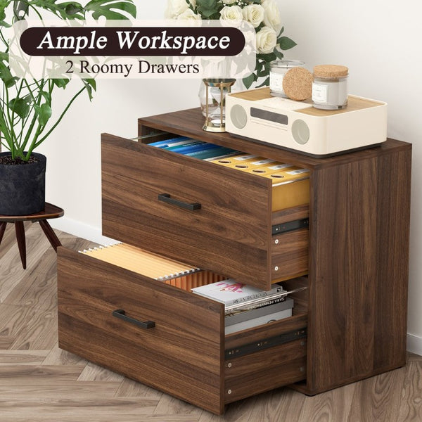 English Elm 28.5 Inch Dark Walnut Lateral File Cabinet with Printer Stand and Hanging Storage T3625P596090