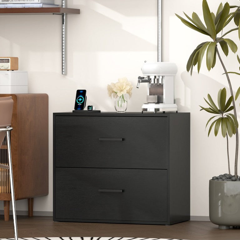 English Elm 28.5 Inch Black Wood Grain Lateral File Cabinet with Full Extension Drawers for Home Office T3625P596145