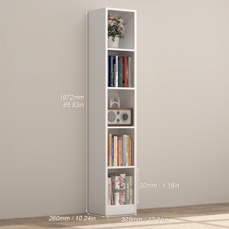 English Elm 5-Tier Metal Bookshelf Slim Matte White Steel Open Storage for Home Office and Bedroom T3625P608023
