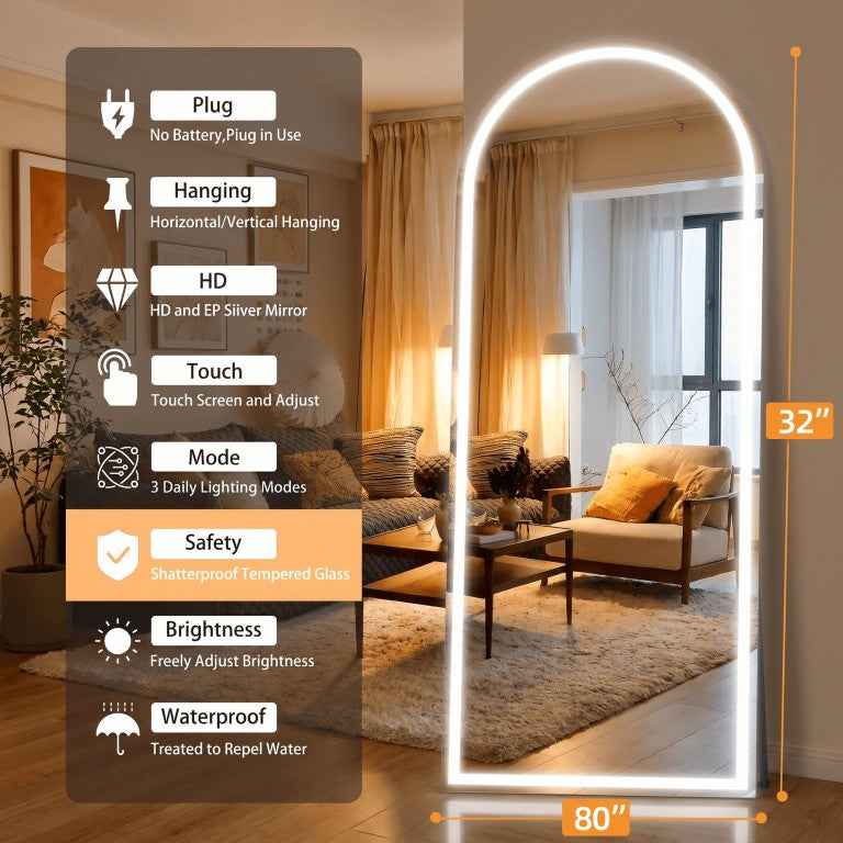 English Elm 80X32 Inch LED Full Length Floor Mirror Dimmable Lighting Aluminum Frame Bedroom Dressing T3757P588900