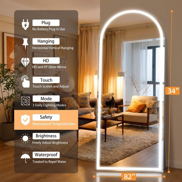 English Elm 82X34 Inch LED Lit Full Length Floor Mirror Dimmable Aluminum Frame Bedroom Vanity T3757P588904