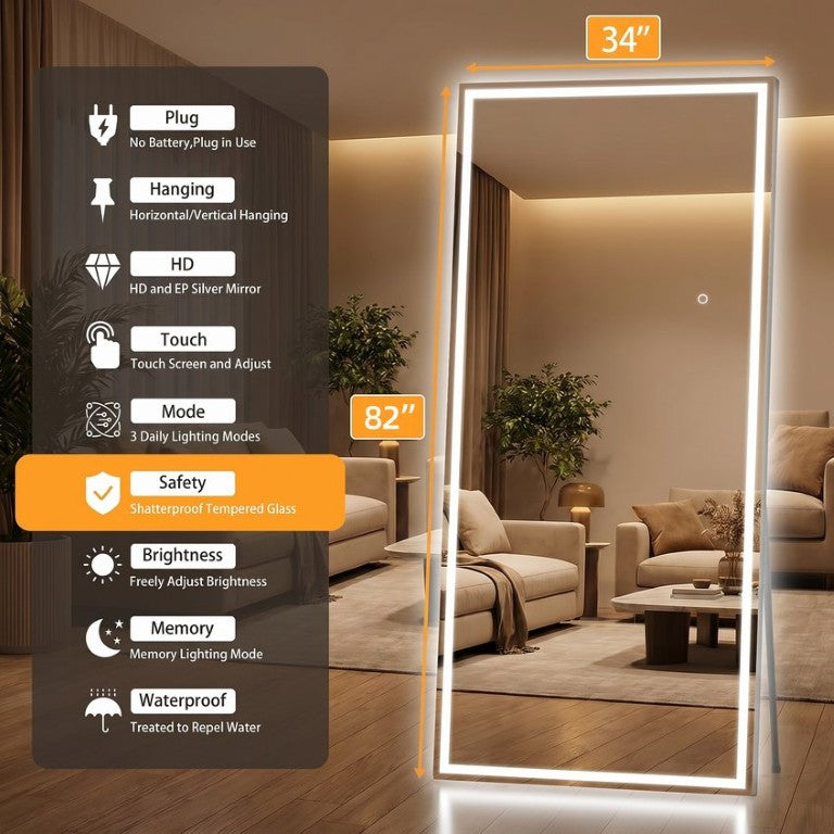 English Elm 82X34 Full Length LED Mirror Matte Black Aluminum Frame Dimmable Bedroom Wall Mount T3757P588912