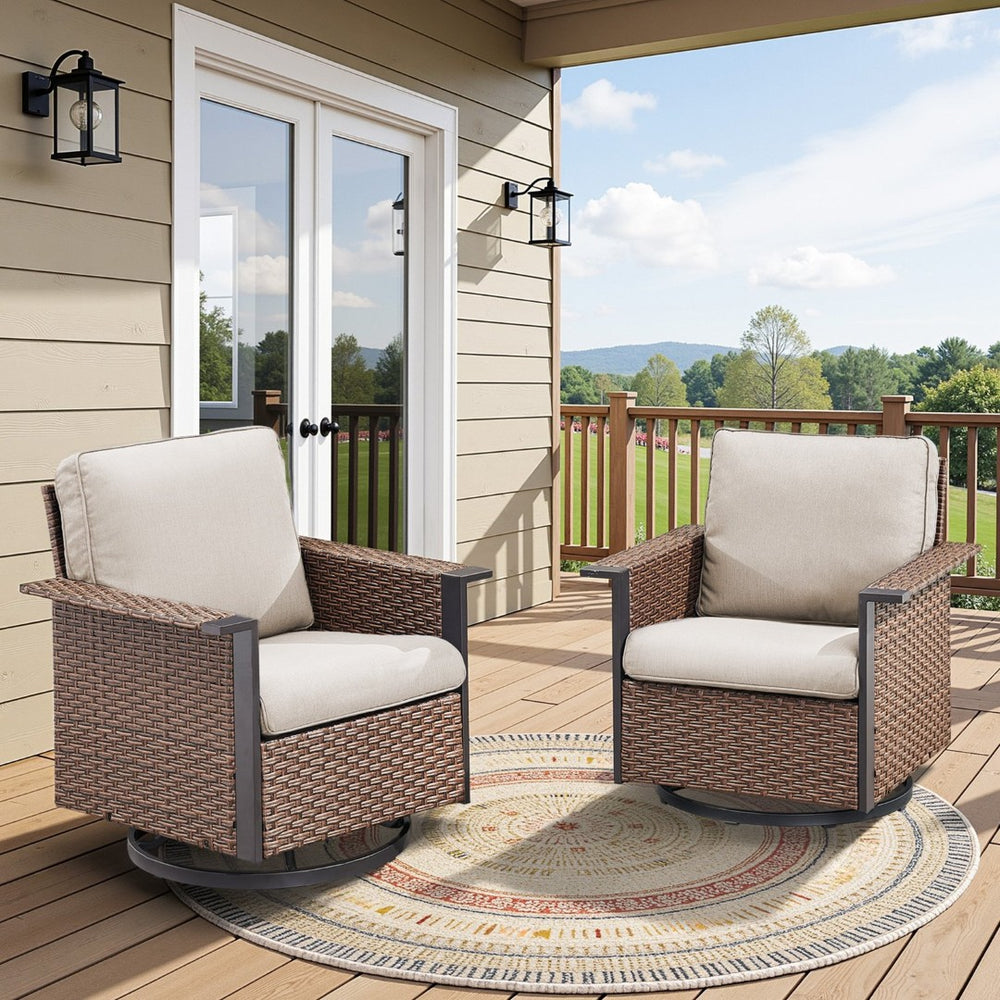 English Elm Outdoor Pe Wicker Swivel Rocker Set Two Chairs Wide Armrests Porch Patio Glider Brown T3773P415552