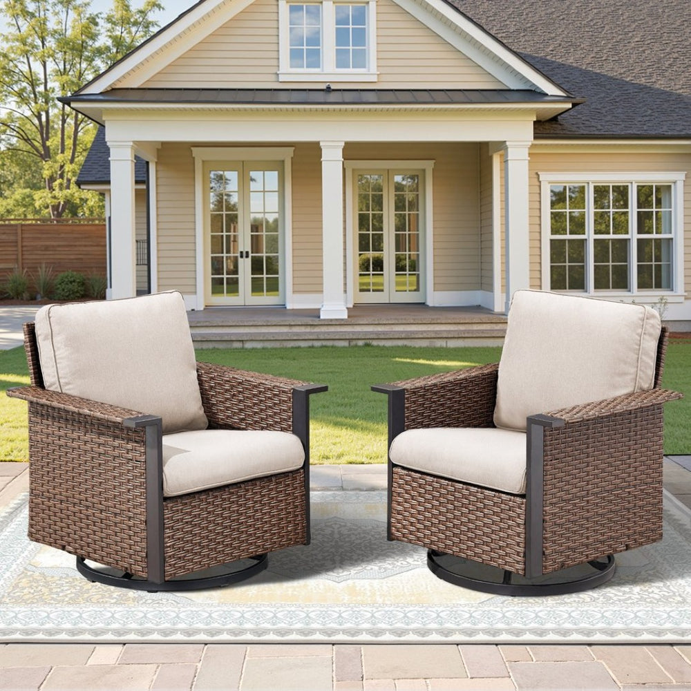 English Elm Outdoor Pe Wicker Swivel Rocker Set Two Chairs Wide Armrests Porch Patio Glider Brown T3773P415552