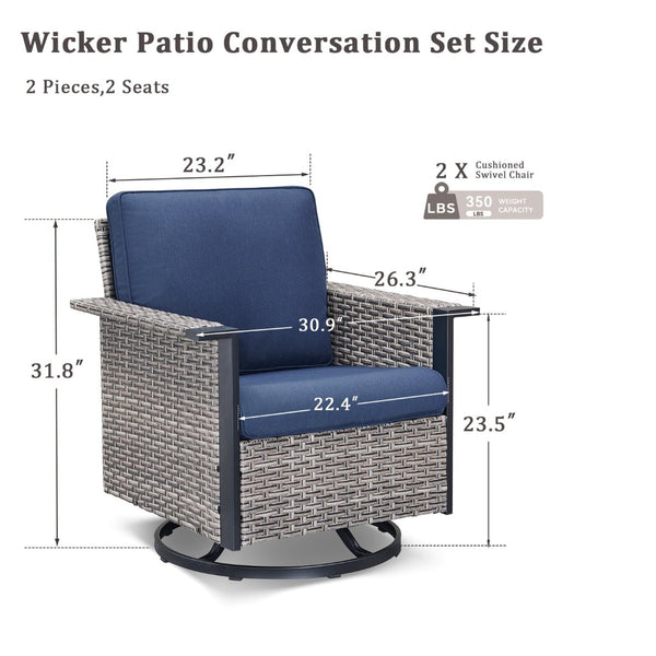 English Elm Outdoor Pe Wicker Swivel Rocker Set Two Chairs Wide Armrests Porch Patio Glider Gray T3773P415553