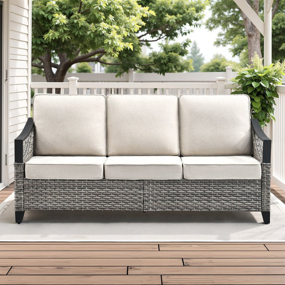 English Elm 73.4 Inch Handwoven PE Wicker Patio Sofa with Steel Frame and Olefin Cushions T3773P416057