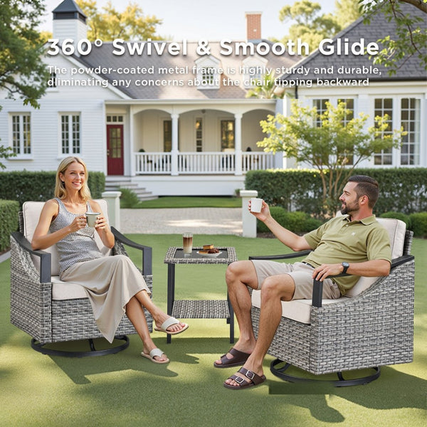 English Elm Outdoor PE Wicker Swivel Glider Rocker Set of 2 with Olefin Cushions for Porch Beige T3773P416061