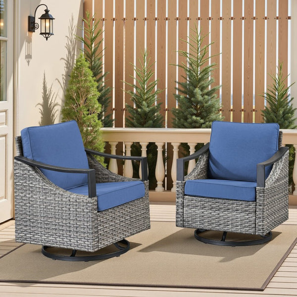 English Elm Outdoor PE Wicker Swivel Glider Rocker Set of 2 with Olefin Cushions for Porch Blue T3773P416062