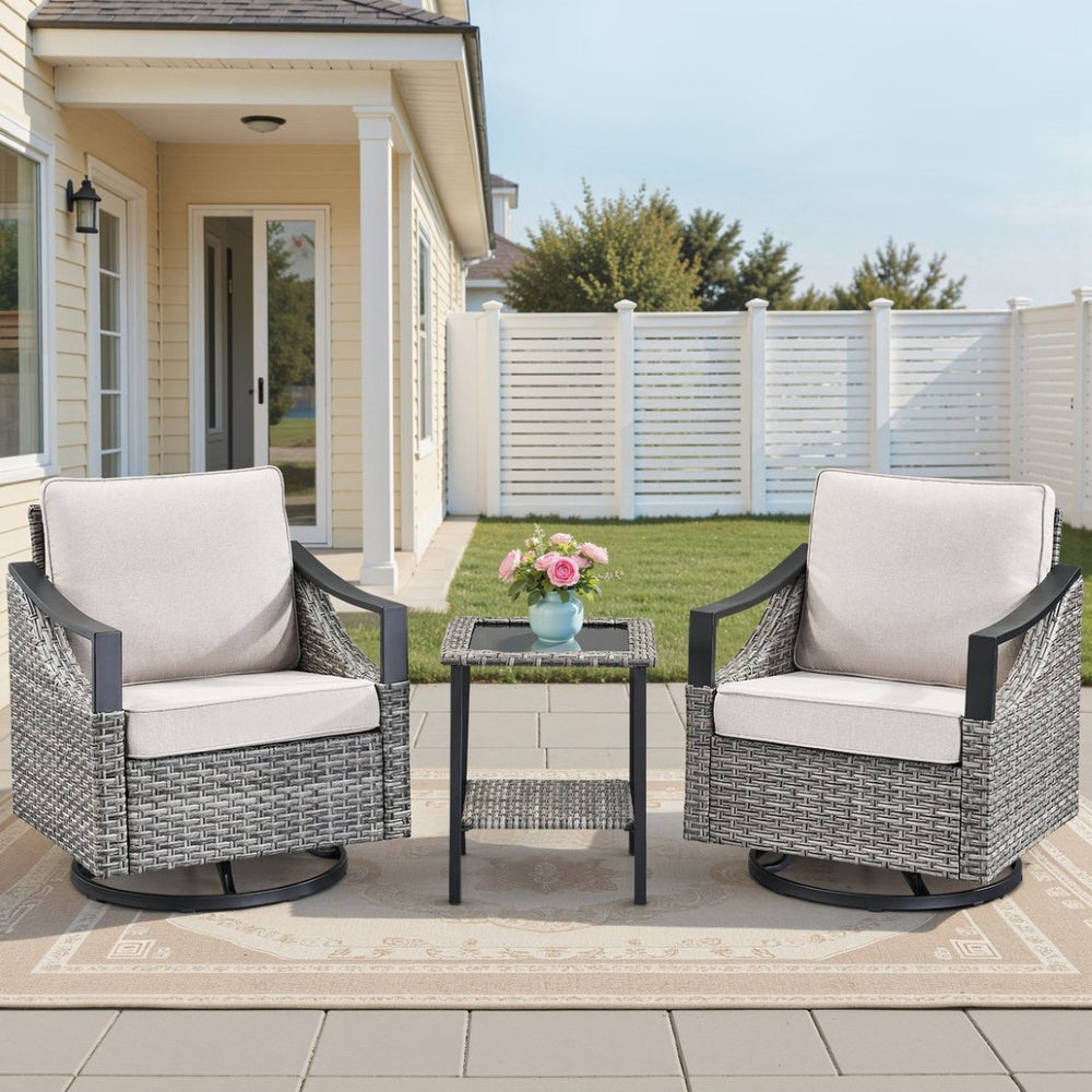 English Elm 3-piece Outdoor Wicker Patio Set with Swivel Rocker Chairs and Tempered Glass Table T3773P416063