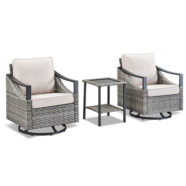 English Elm 3-piece Outdoor Wicker Patio Set with Swivel Rocker Chairs and Tempered Glass Table T3773P416063