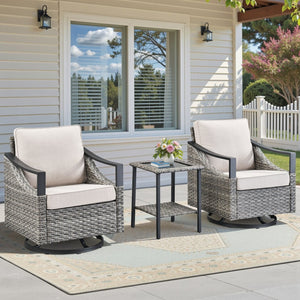 English Elm 3-piece Outdoor Wicker Patio Set with Swivel Rocker Chairs and Tempered Glass Table T3773P416063