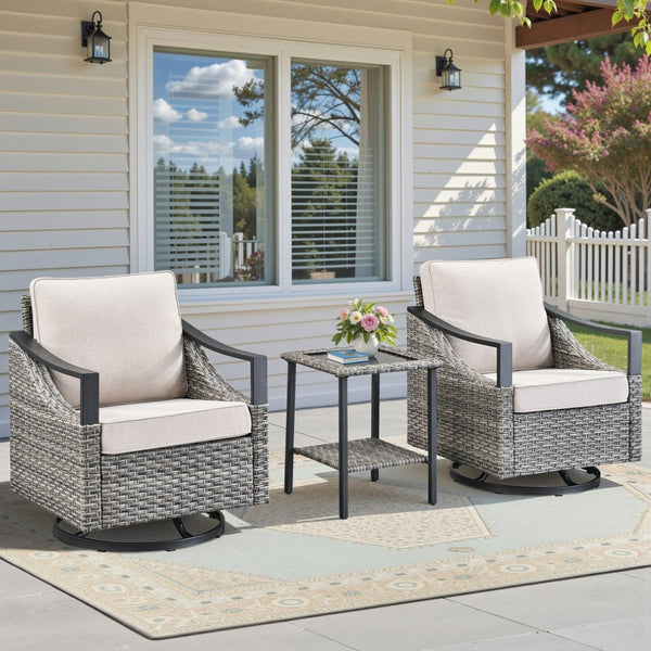 English Elm 3-piece Outdoor Wicker Patio Set with Swivel Rocker Chairs and Tempered Glass Table T3773P416063