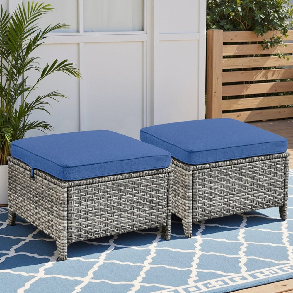 English Elm Outdoor Handwoven PE Wicker Ottoman Set of 2 All Weather Patio Footrests with Cushions T3773P416066