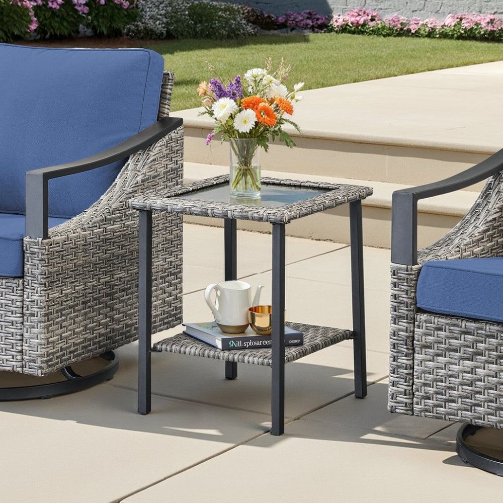 English Elm Outdoor Pe Rattan Square Side Table with Tempered Glass Top for Patio Deck Balcony T3773P416067