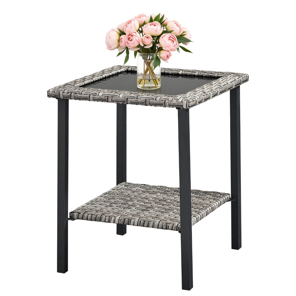 English Elm Outdoor Pe Rattan Square Side Table with Tempered Glass Top for Patio Deck Balcony T3773P416067