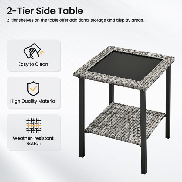 English Elm Outdoor Pe Rattan Square Side Table with Tempered Glass Top for Patio Deck Balcony T3773P416067