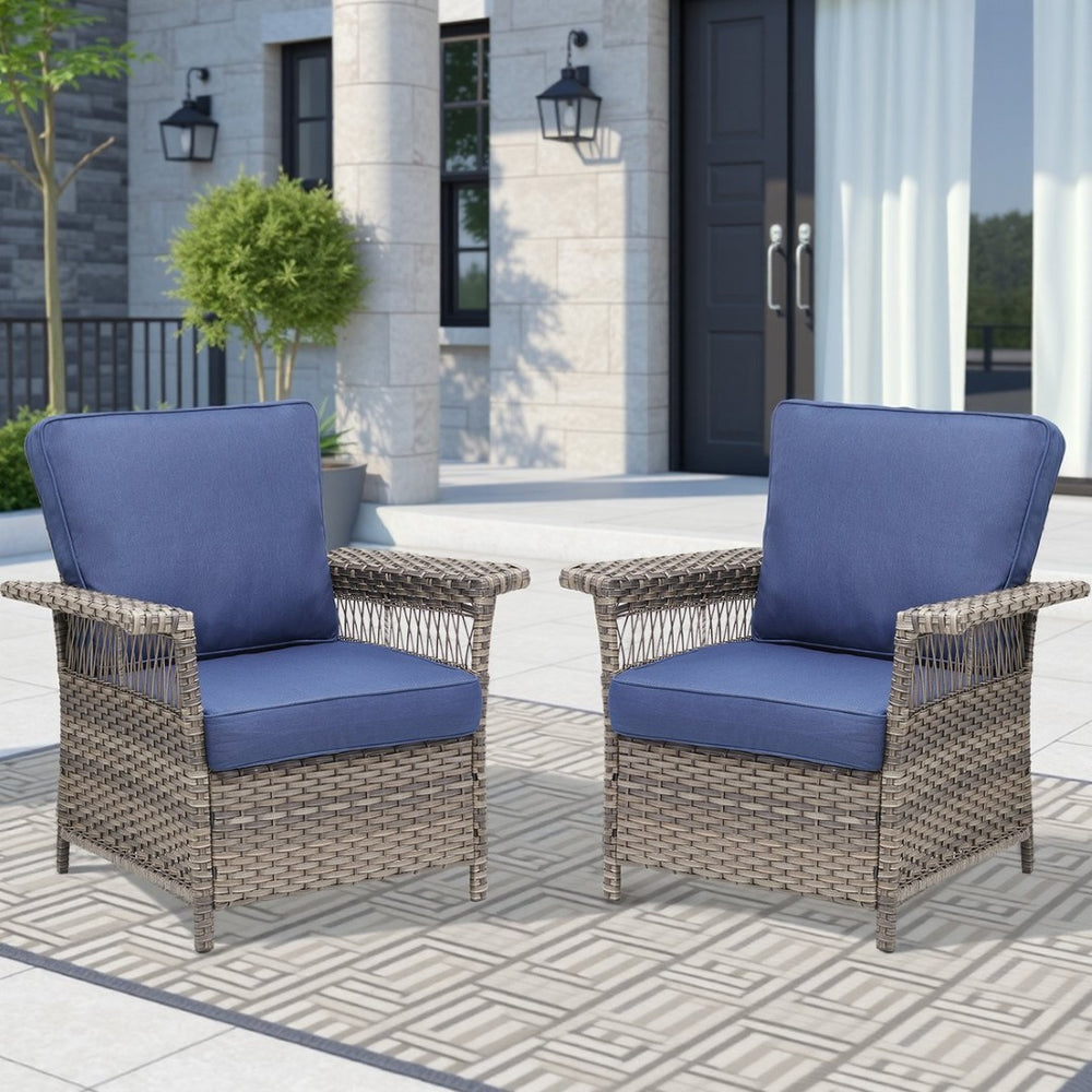 English Elm Outdoor All-weather Wicker Lounge Chair Set of 2 with Deep Seat Blue Cushions T3773P416502