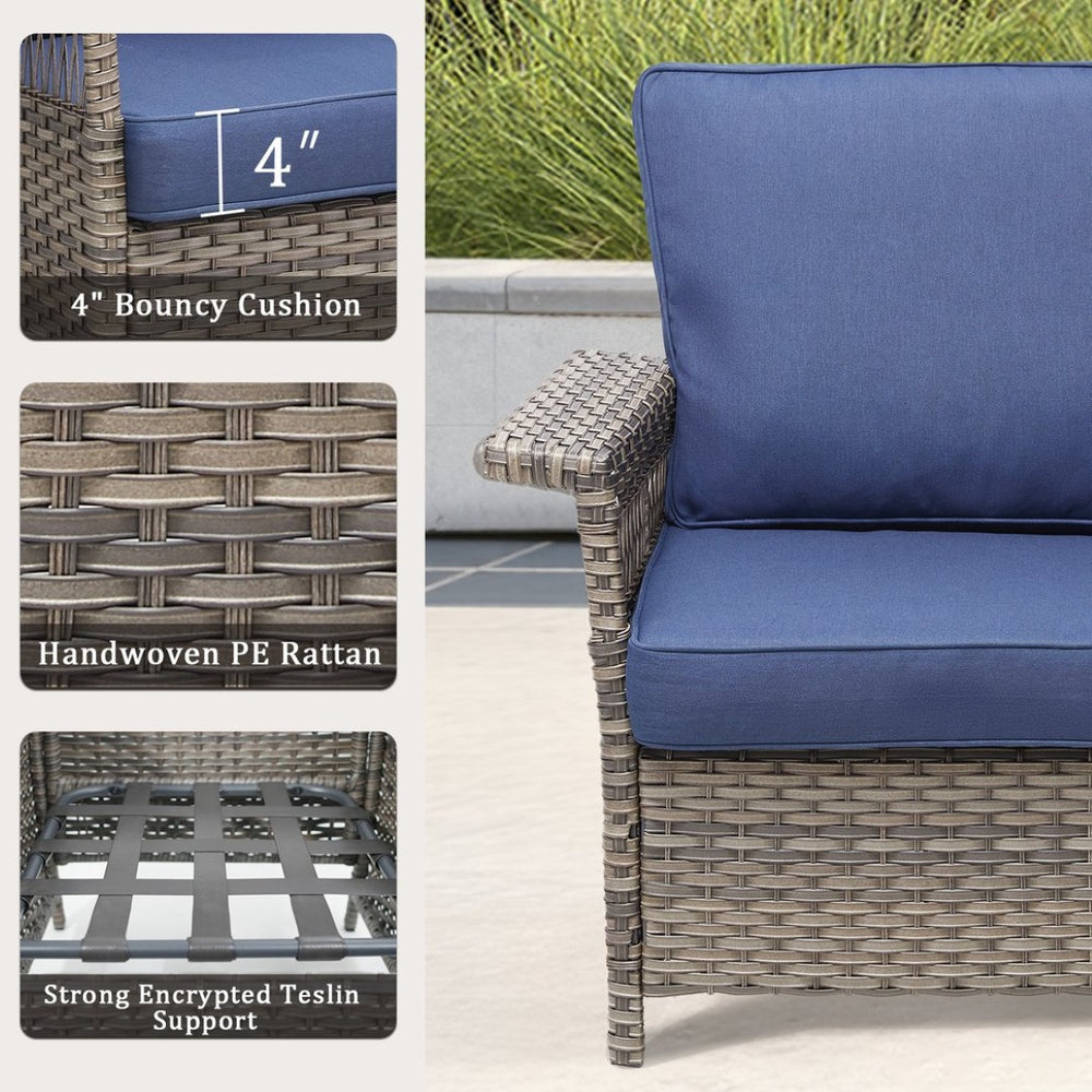 English Elm Outdoor All-weather Wicker Lounge Chair Set of 2 with Deep Seat Blue Cushions T3773P416502