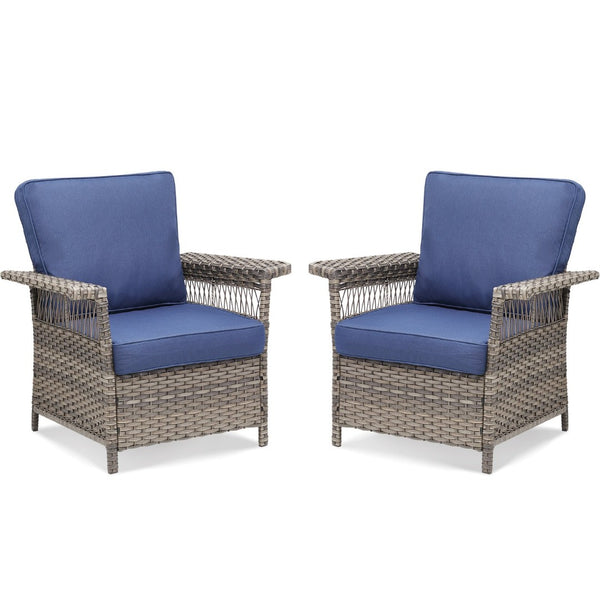 English Elm Outdoor All-weather Wicker Lounge Chair Set of 2 with Deep Seat Blue Cushions T3773P416502