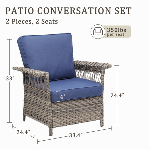 English Elm Outdoor All-weather Wicker Lounge Chair Set of 2 with Deep Seat Blue Cushions T3773P416502