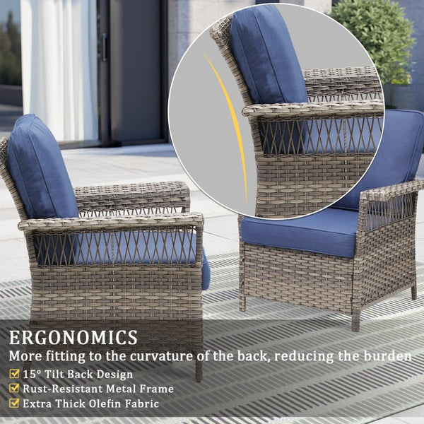 English Elm Outdoor All-weather Wicker Lounge Chair Set of 2 with Deep Seat Blue Cushions T3773P416502