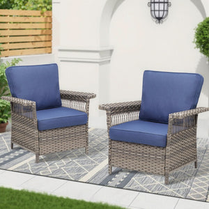 English Elm Outdoor All-weather Wicker Lounge Chair Set of 2 with Deep Seat Blue Cushions T3773P416502