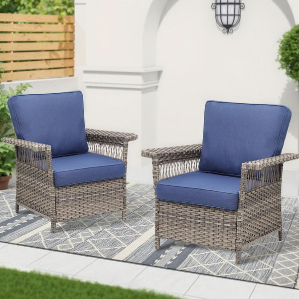 English Elm Outdoor All-weather Wicker Lounge Chair Set of 2 with Deep Seat Blue Cushions T3773P416502