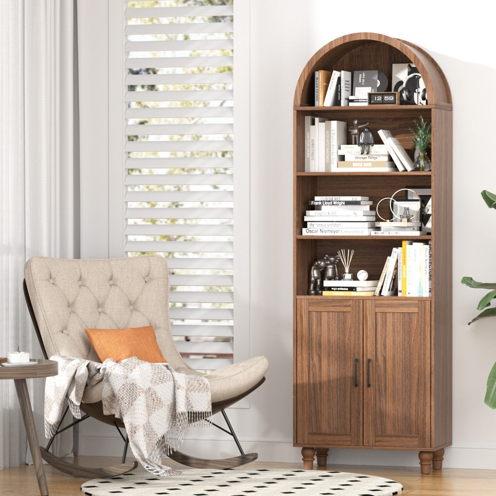 English Elm Arched Six Tier Bookcase with Walnut Finish Open Display and Concealed Cabinet Storage T3773P417328
