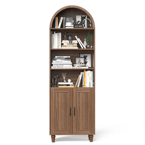 English Elm Arched Six Tier Bookcase with Walnut Finish Open Display and Concealed Cabinet Storage T3773P417328