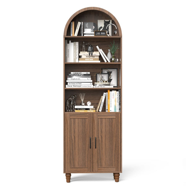 English Elm Arched Six Tier Bookcase with Walnut Finish Open Display and Concealed Cabinet Storage T3773P417328
