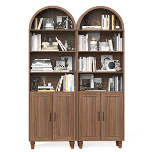 English Elm Arched Six Tier Bookcase with Walnut Finish Open Display and Concealed Cabinet Storage T3773P417328