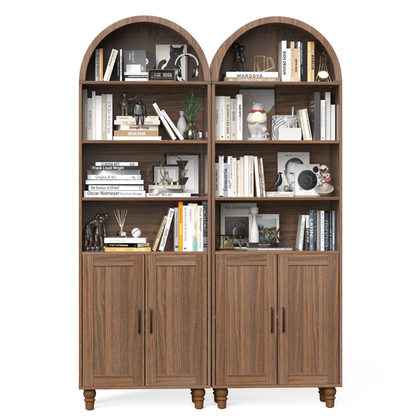 English Elm Arched Six Tier Bookcase with Walnut Finish Open Display and Concealed Cabinet Storage T3773P417328