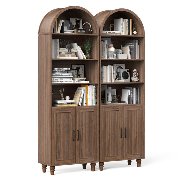 English Elm Arched Six Tier Bookcase with Walnut Finish Open Display and Concealed Cabinet Storage T3773P417328