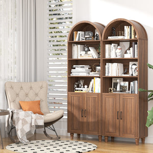 English Elm Arched Six Tier Bookcase with Walnut Finish Open Display and Concealed Cabinet Storage T3773P417328